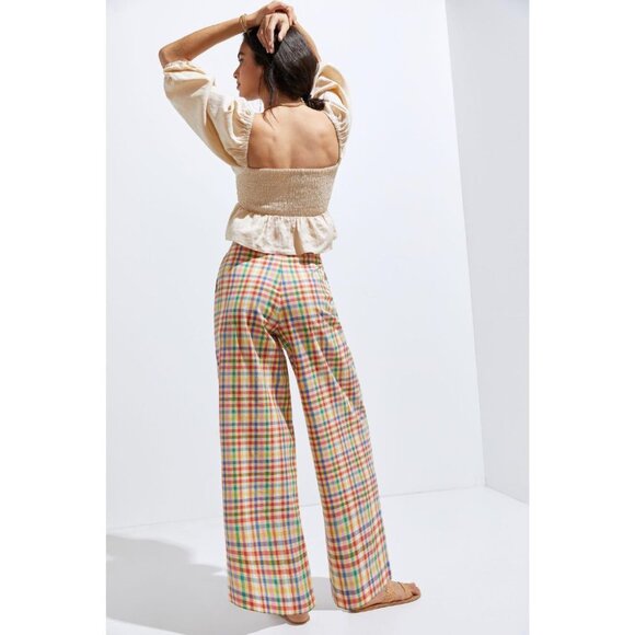 Anthropologie Eva Franco Linen Wide-Leg Plaid Pants Yellow Green Red - Picture 2 of 5